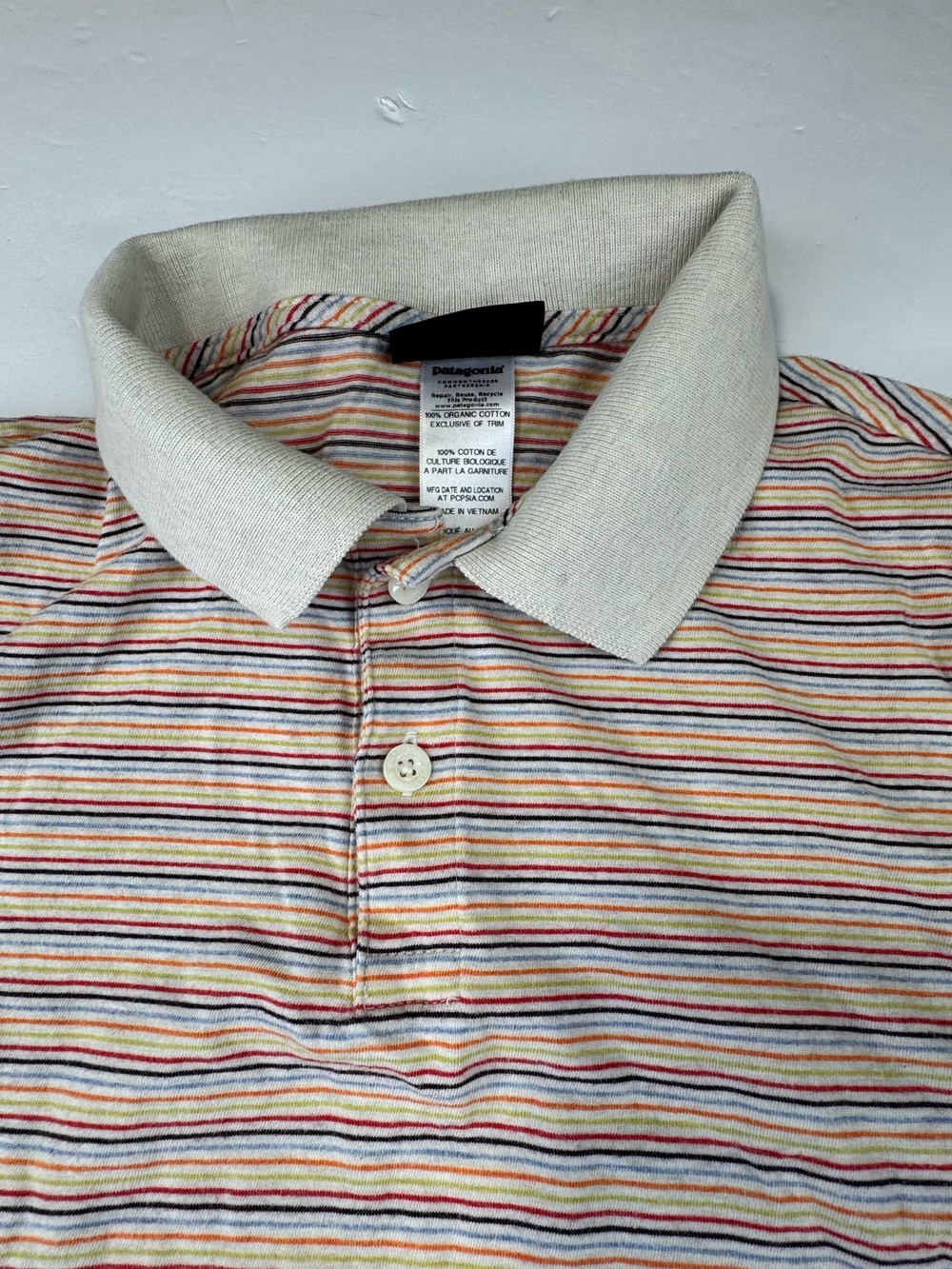 Patagonia Polo Men Small Beige Multicolored Striped Short Sleeve Hiking Outdoor - Picture 6 of 10